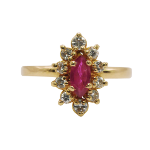 Bague Marquise Or Jaune 18k Rubis et Diamants