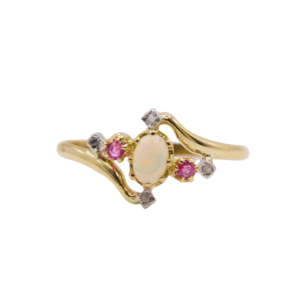 Bague Or Jaune 18k Opale, Diamants et Rubis