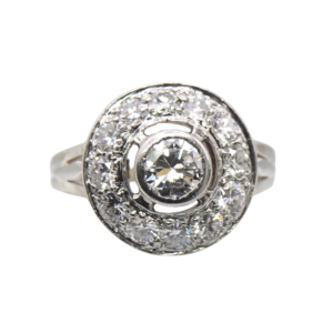Bague Or blanc 18k et Platine Diamant central et entourage diamants