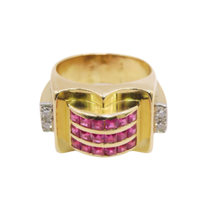 Bague Tank Or Jaune 18k Rubis et Diamants