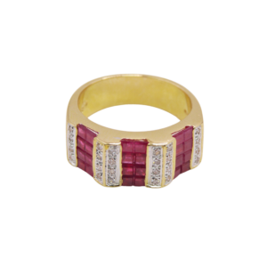 Bague Style Tank Or Jaune 18k Rubis et Diamants