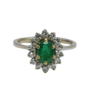 Bague Marguerite Or Blanc 18k Emeraude et entourage Diamants