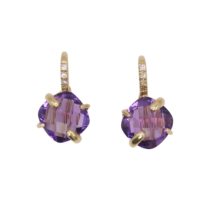 Boucles d'Oreilles Pendantes Or Jaune 18k Amethyste et Diamants