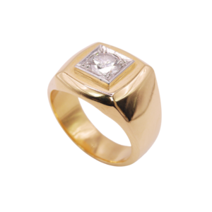 Chevalière Or Jaune 18k Diamant Central Serti Platine